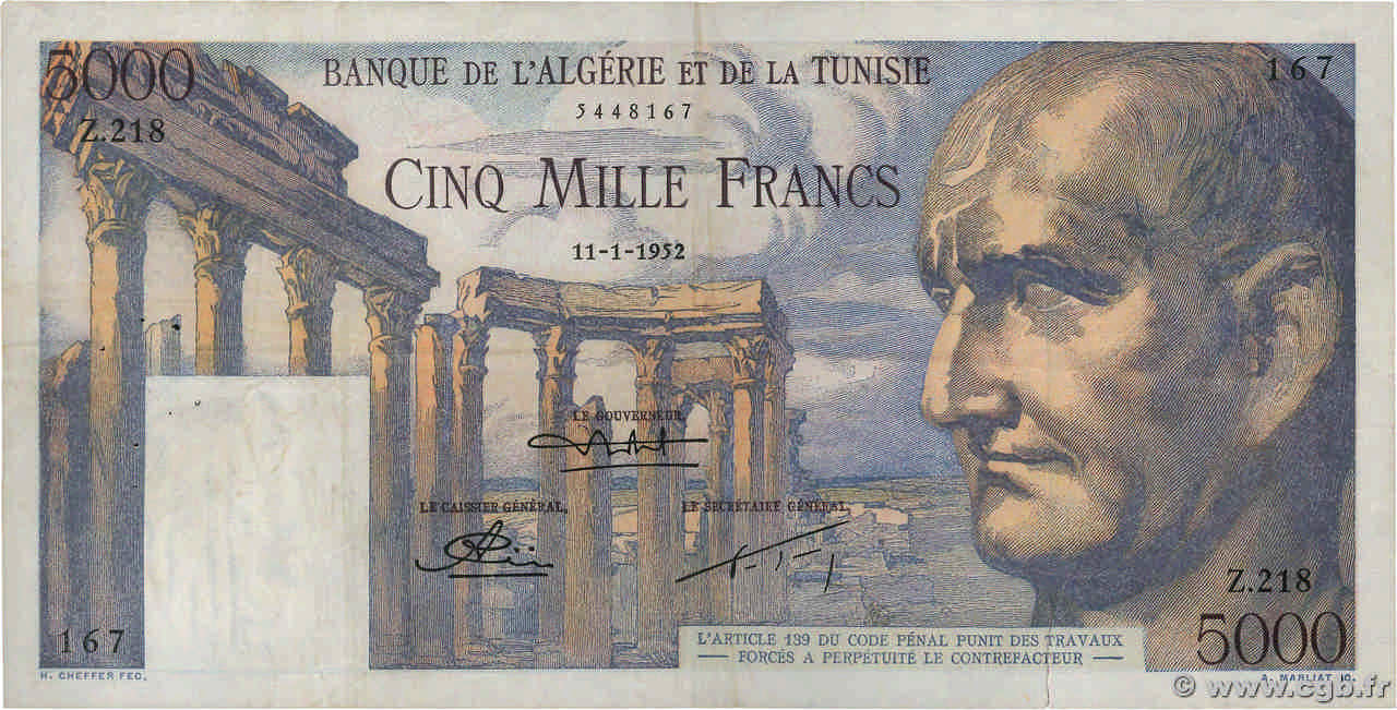 5000 Francs TUNISIA  1952 P.30 F+