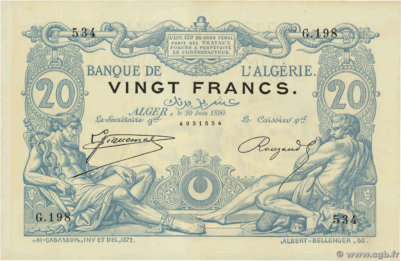 20 Francs ALGERIA  1890 P.015 XF+