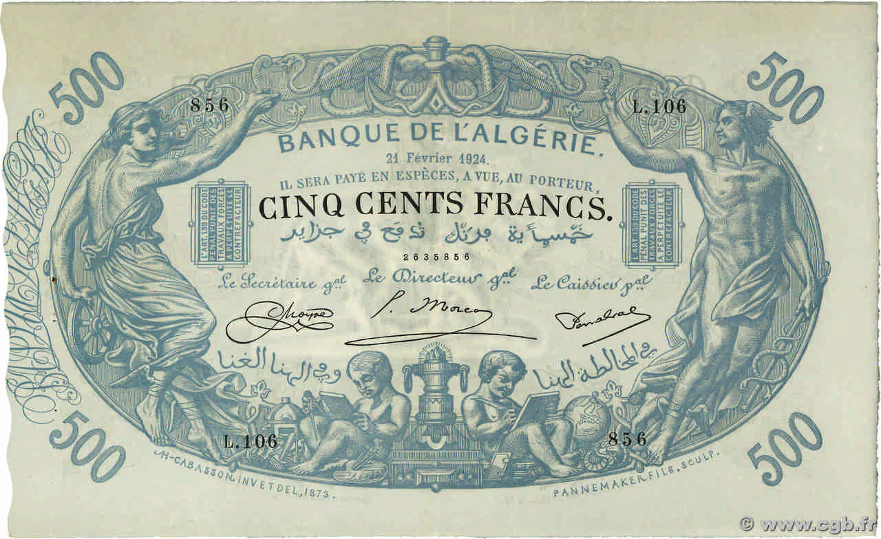 500 Francs ALGERIA  1924 P.075b SPL