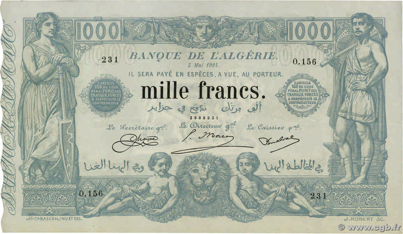 1000 Francs ALGERIEN  1924 P.076b fVZ