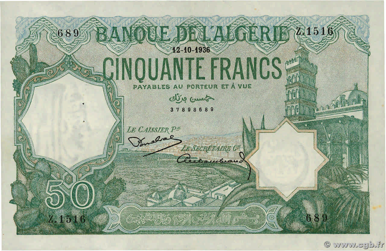50 Francs ALGERIA  1936 P.080a q.SPL