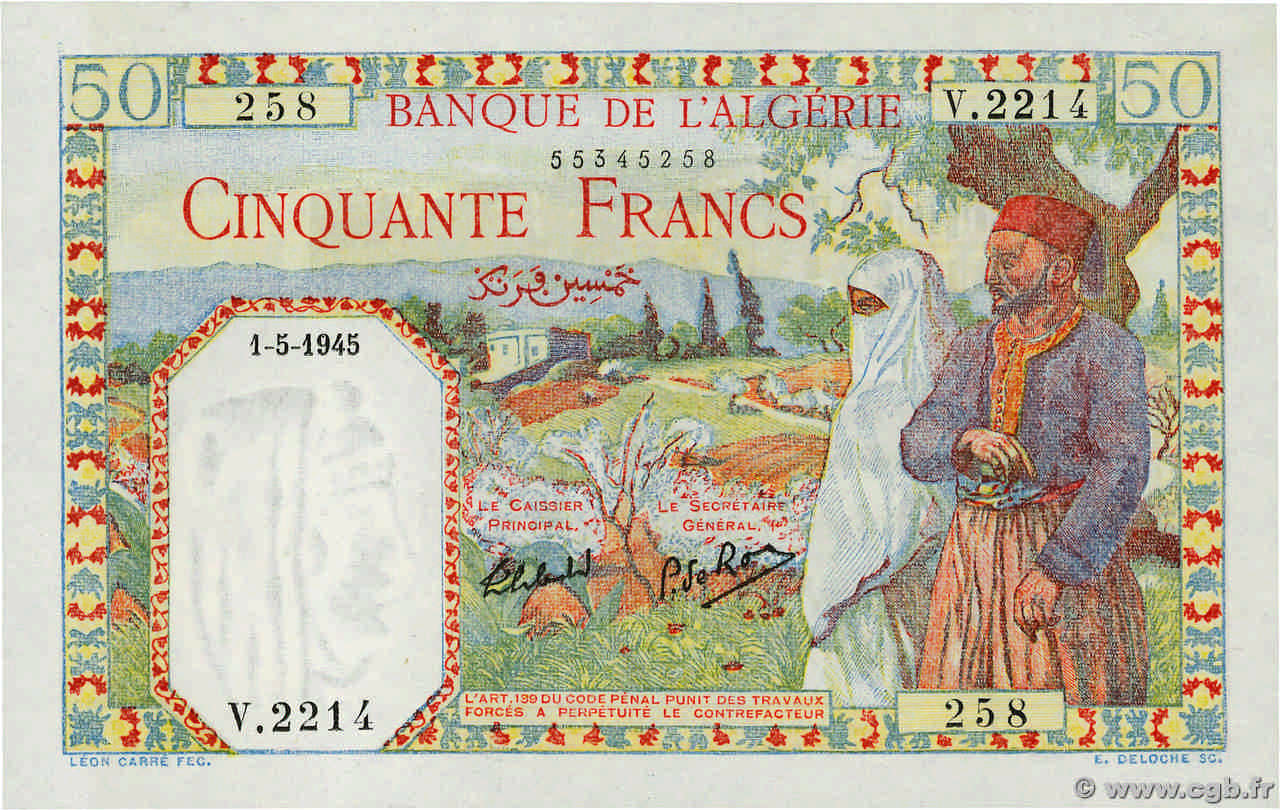 50 Francs ALGÉRIE  1945 P.084 pr.NEUF