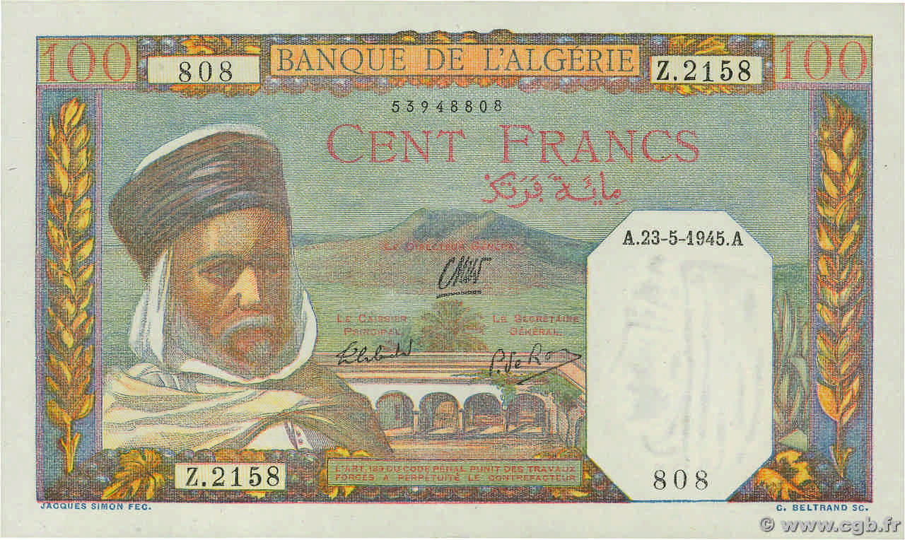 100 Francs ALGERIEN  1945 P.085 ST