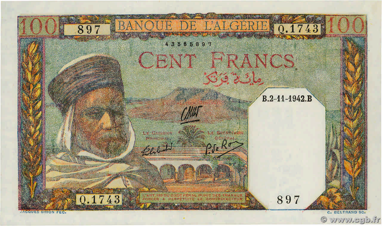 100 Francs ALGERIA  1942 P.088 AU+
