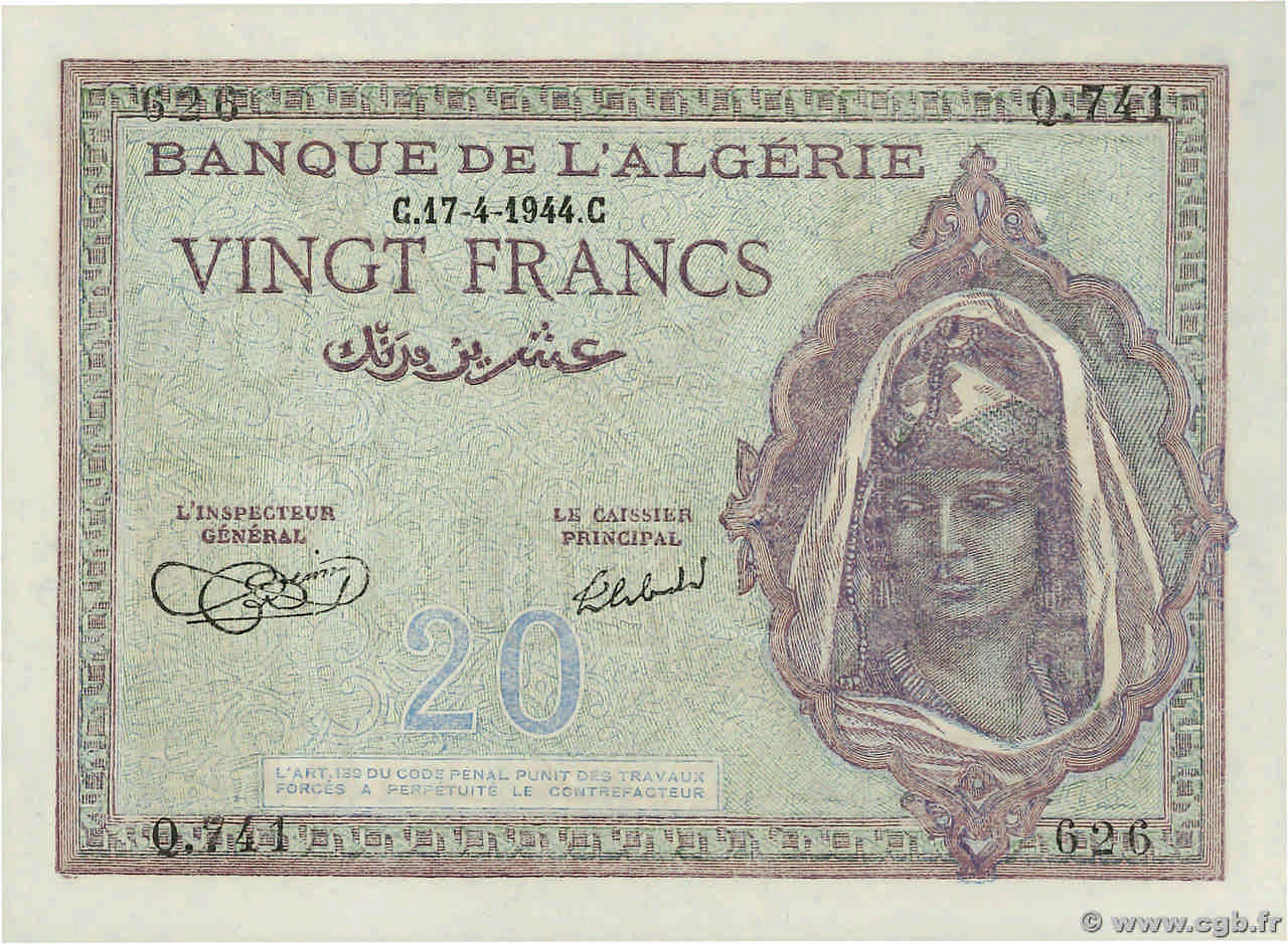 20 Francs ALGERIA  1944 P.092a UNC