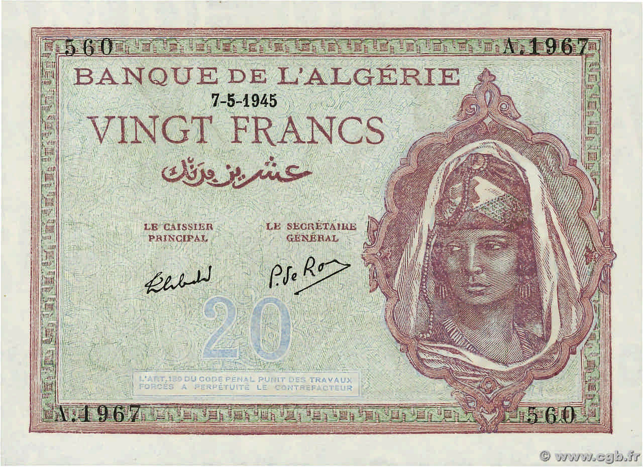 20 Francs ALGÉRIE  1945 P.092b NEUF