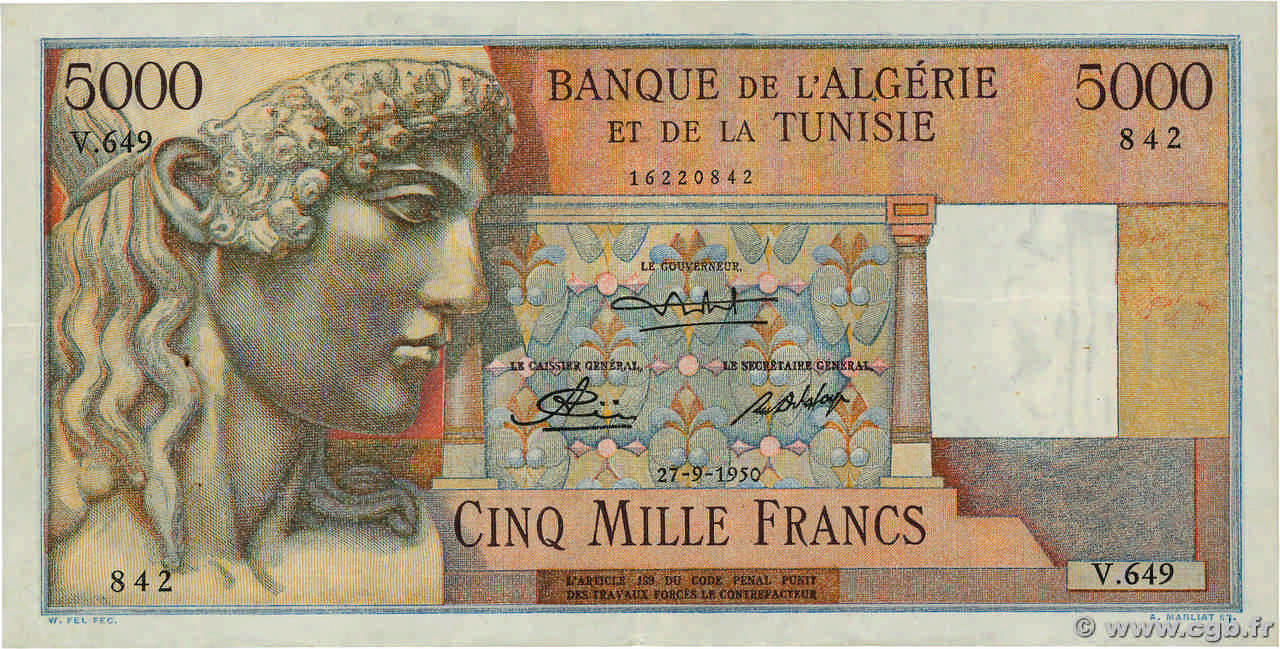 5000 Francs ALGERIEN  1950 P.109a fVZ