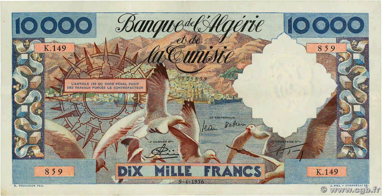 10000 Francs ALGÉRIE  1956 P.110 pr.SUP