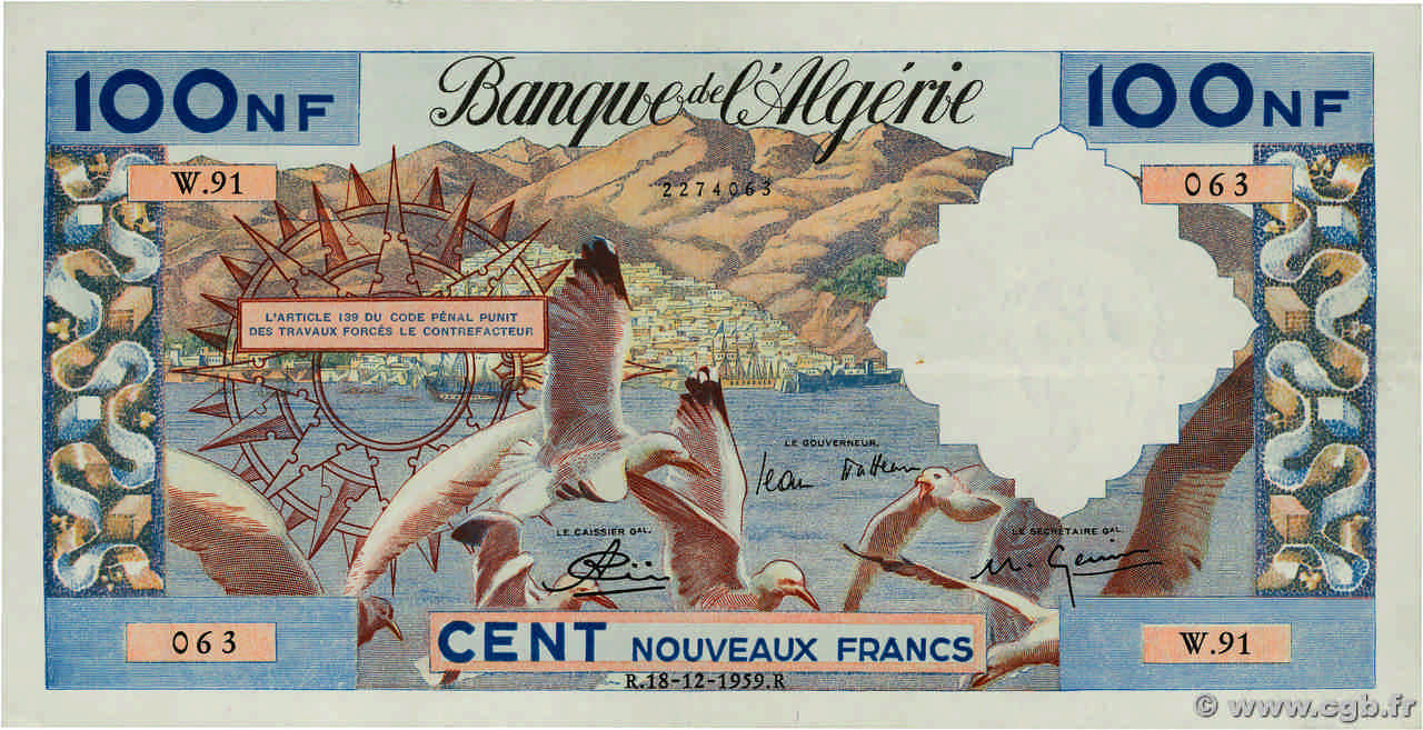 100 Nouveaux Francs ALGERIA  1959 P.121a XF-