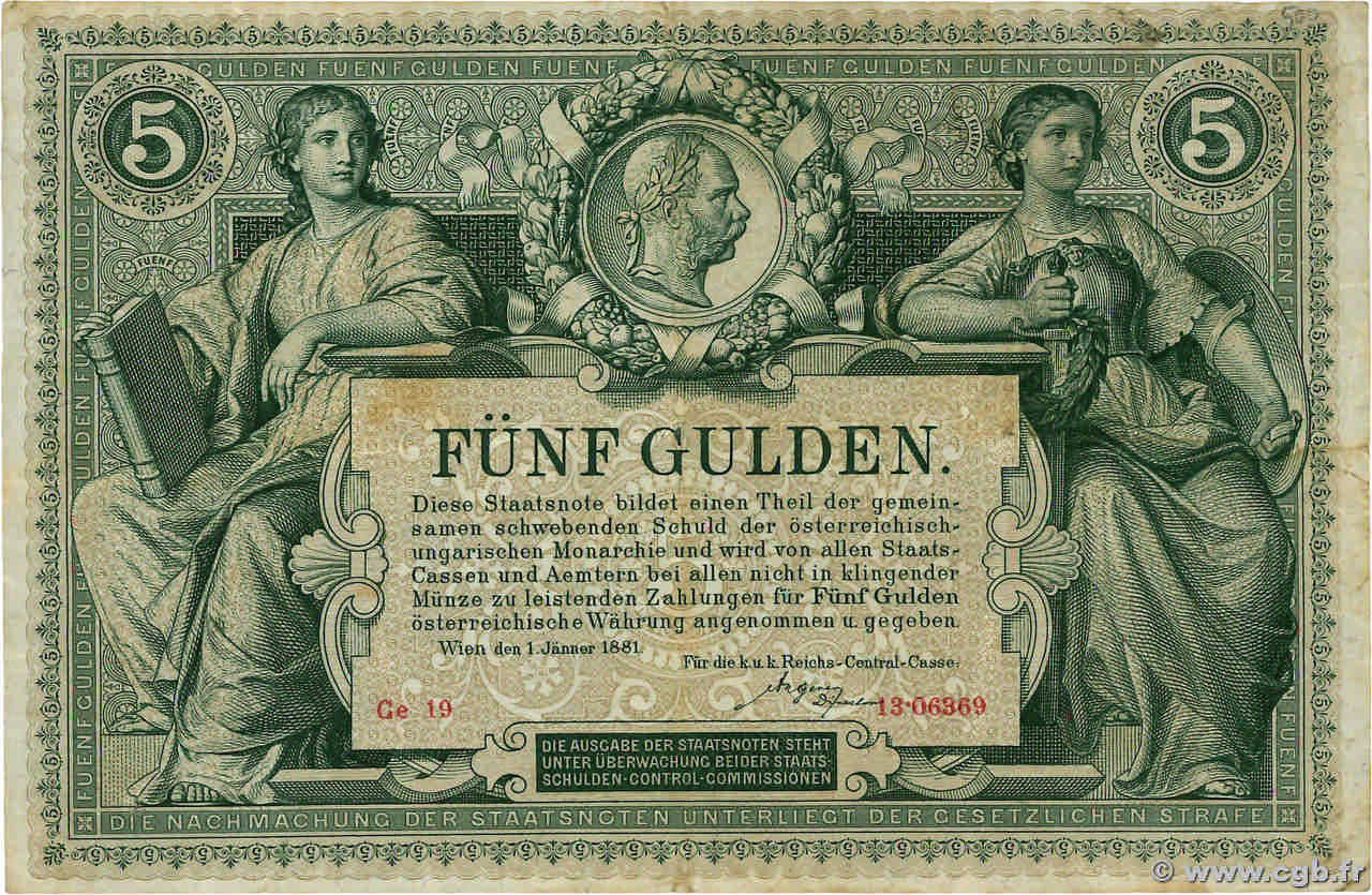 5 Gulden AUSTRIA  1881 P.A154 BC+