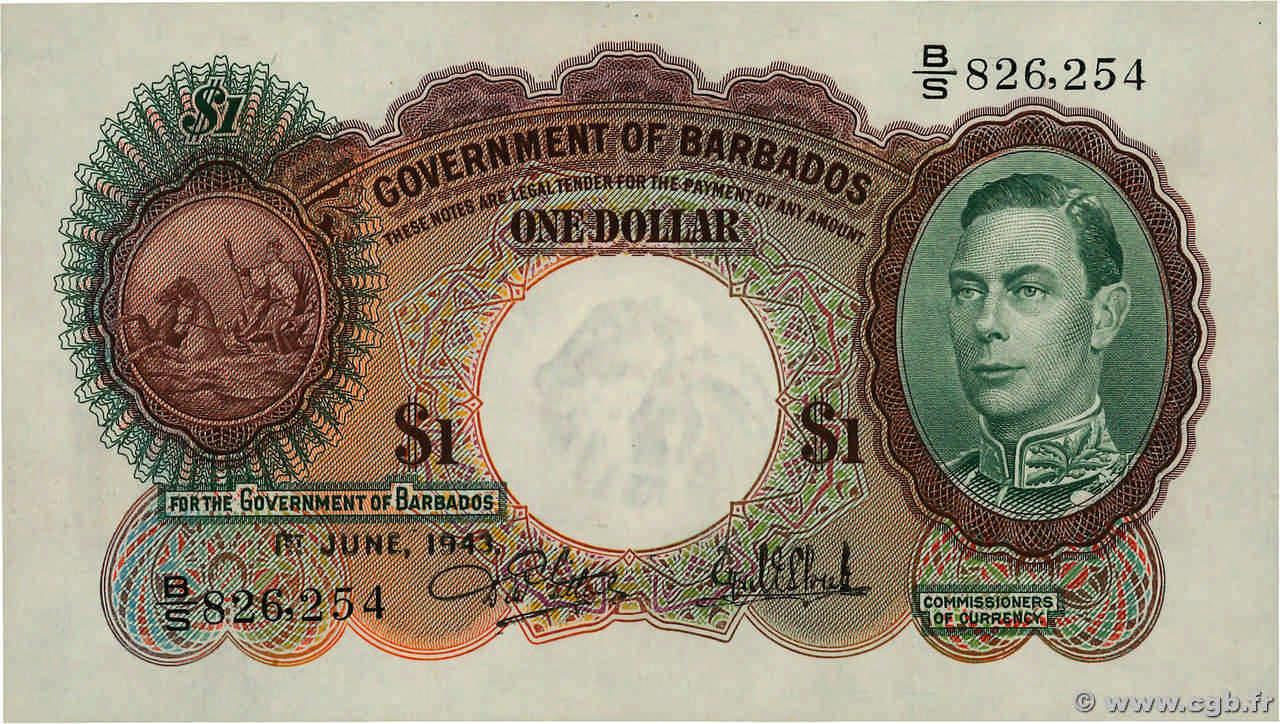 1 Dollar BARBADOS  1943 P.02b AU+