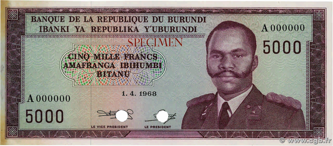 5000 Francs Essai BURUNDI  1968 P.26cts AU