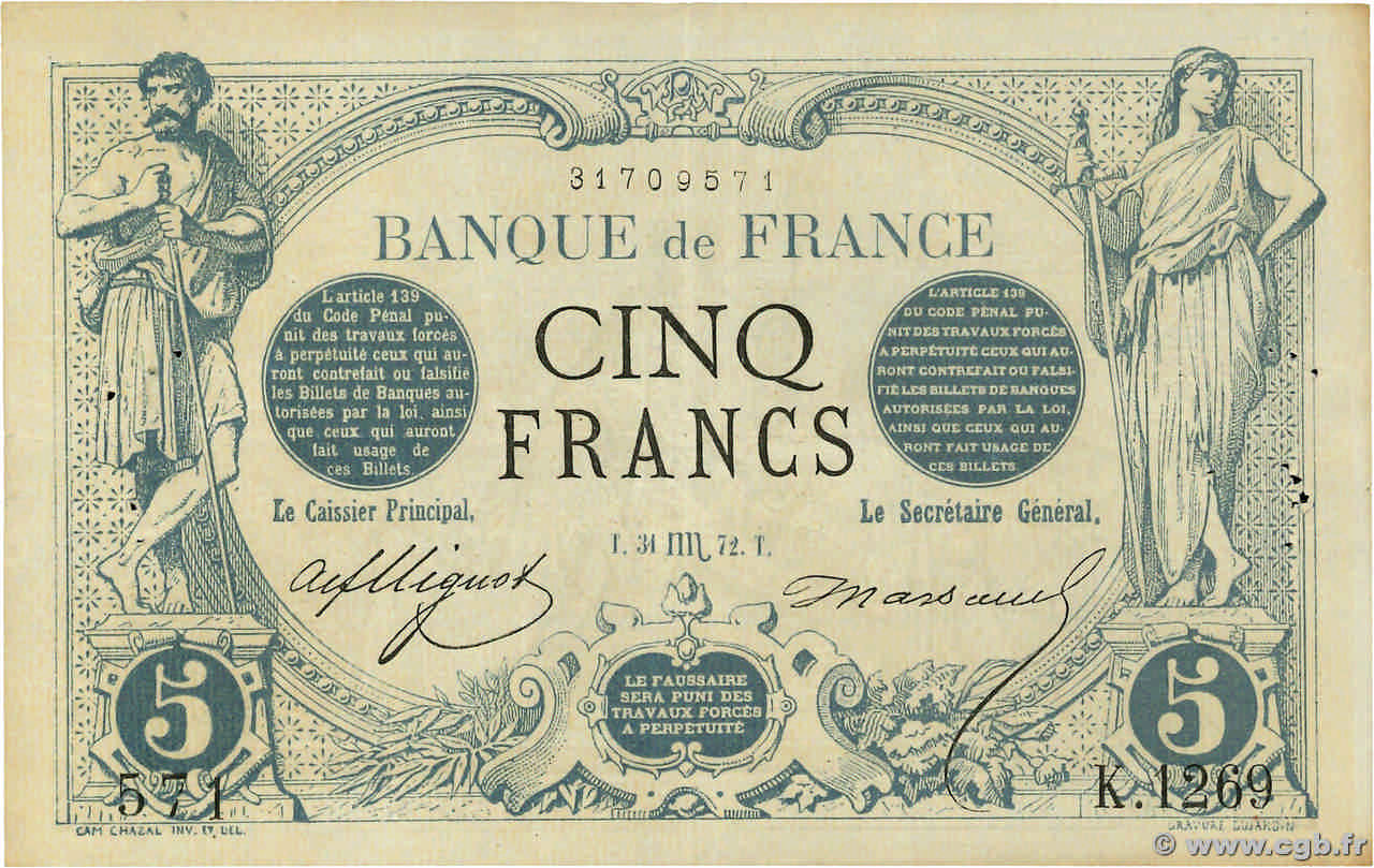 5 Francs NOIR FRANCE  1872 F.01.11 VF