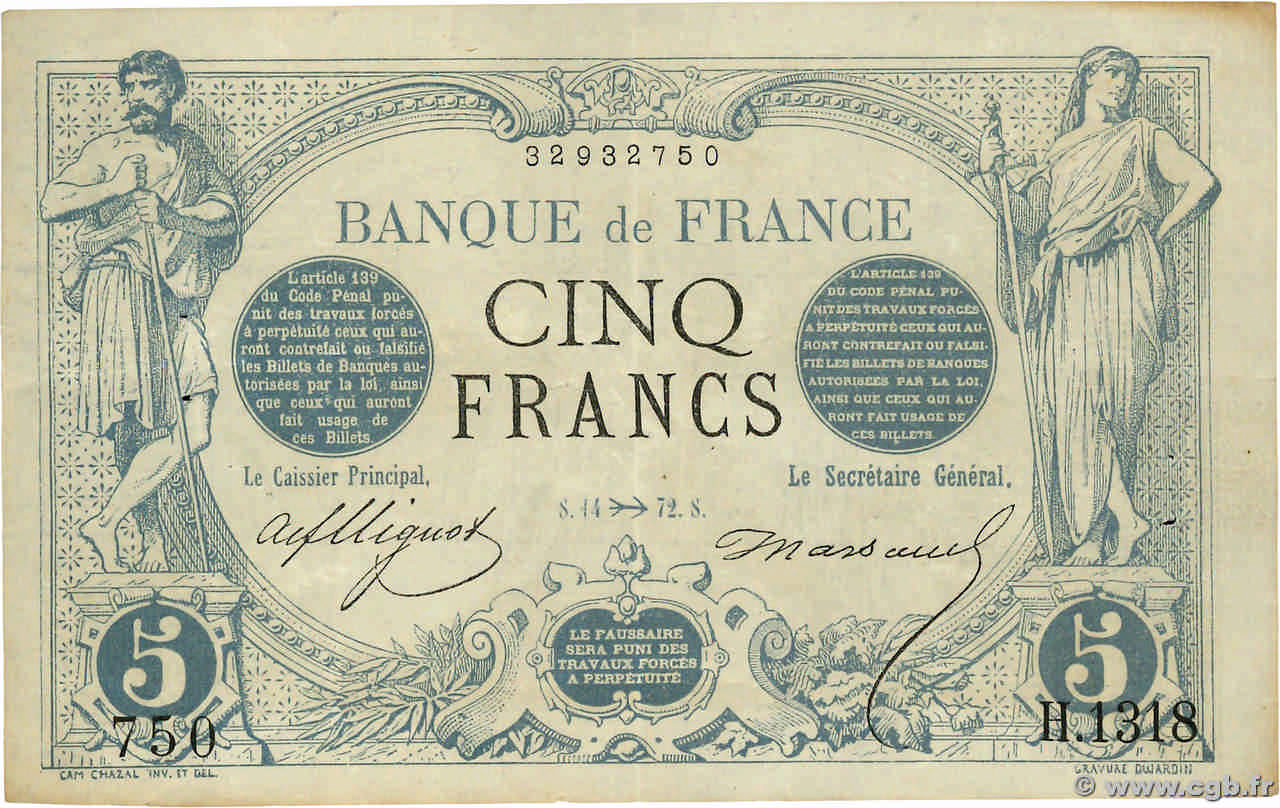5 Francs NOIR FRANCE  1872 F.01.12 VF-