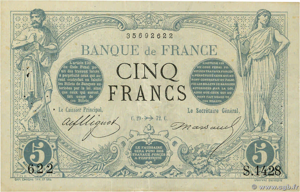 5 Francs NOIR FRANCIA  1872 F.01.12 MBC