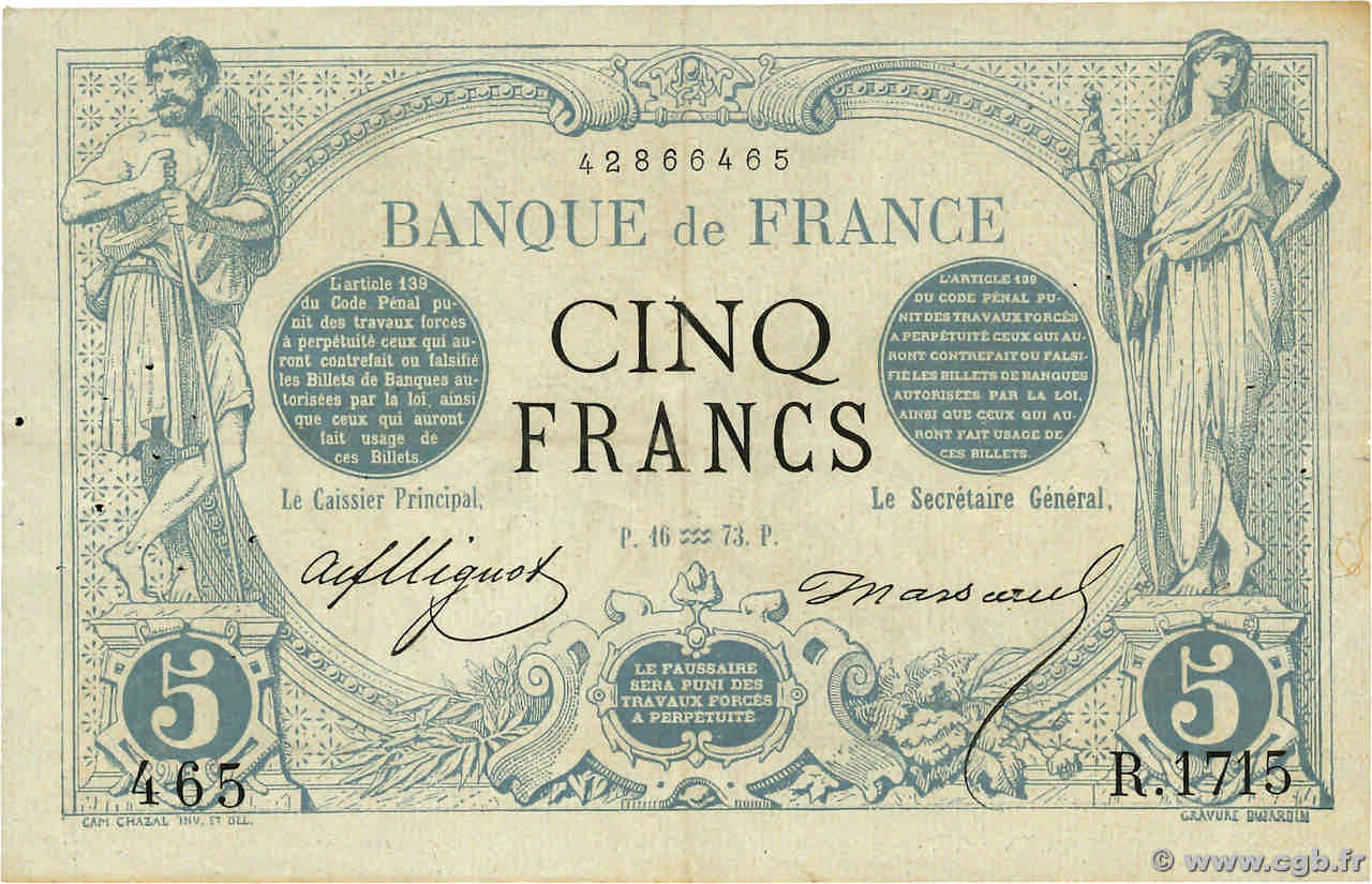 5 Francs NOIR FRANCIA  1873 F.01.14 BC+
