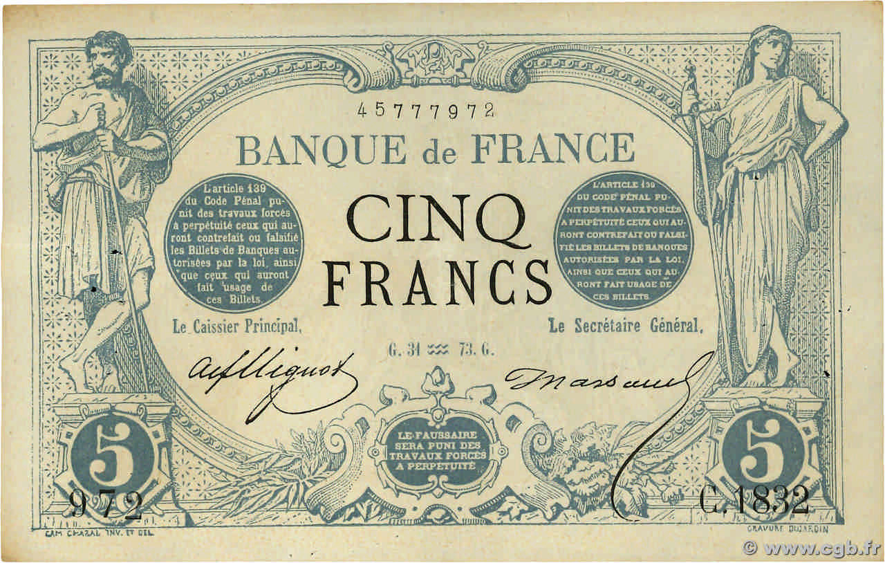 5 Francs NOIR FRANCIA  1873 F.01.14 BB