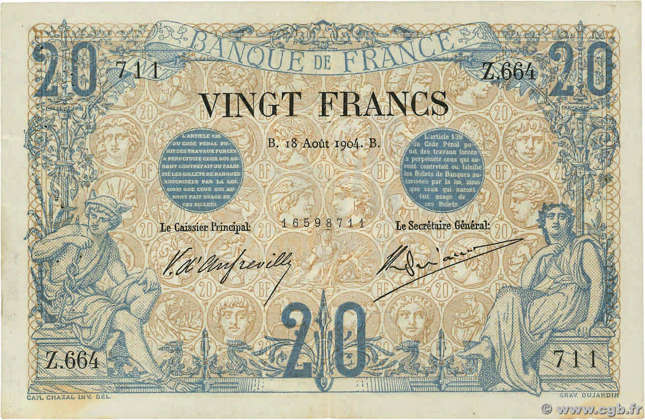 20 Francs NOIR FRANCE  1904 F.09.03 pr.TTB