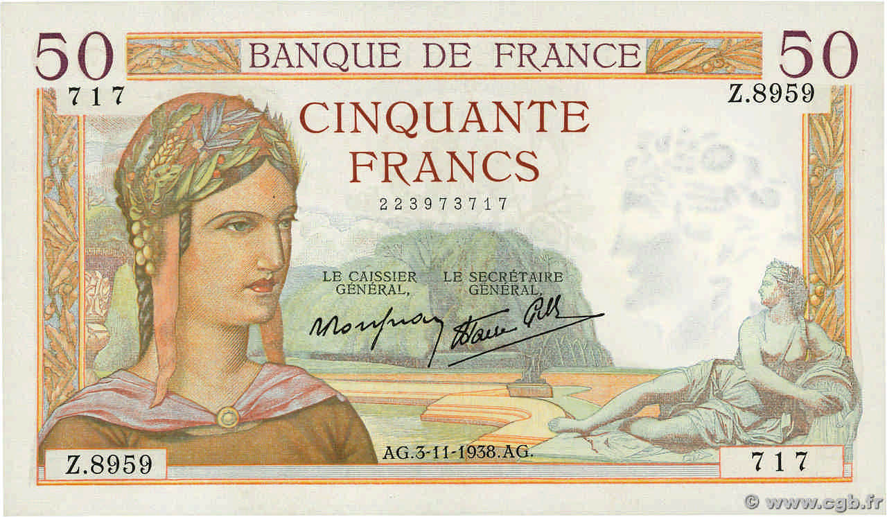 50 Francs CÉRÈS modifié FRANKREICH  1938 F.18.18 fST