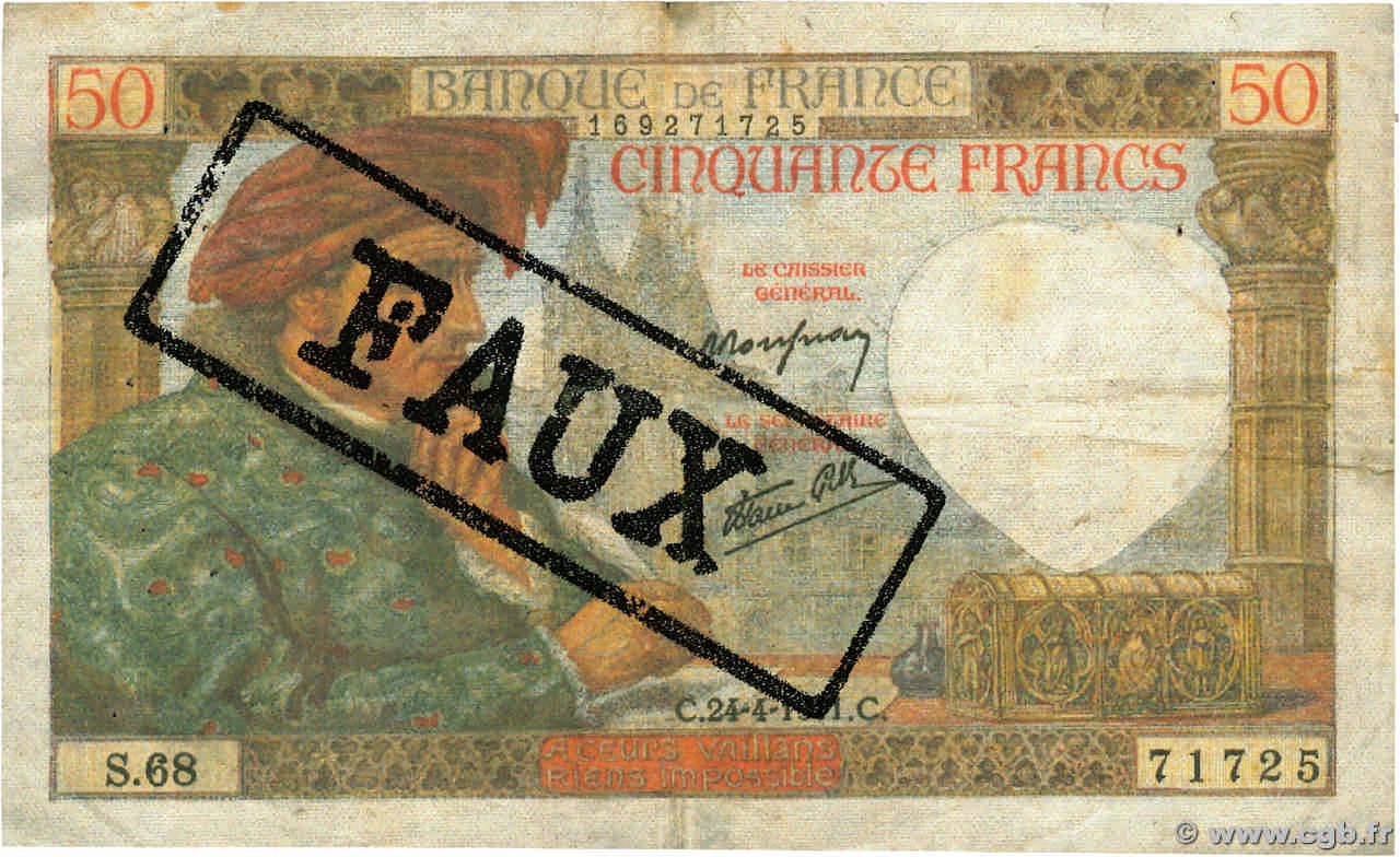 50 Francs JACQUES CŒUR Faux FRANCE  1941 F.19.09 F+