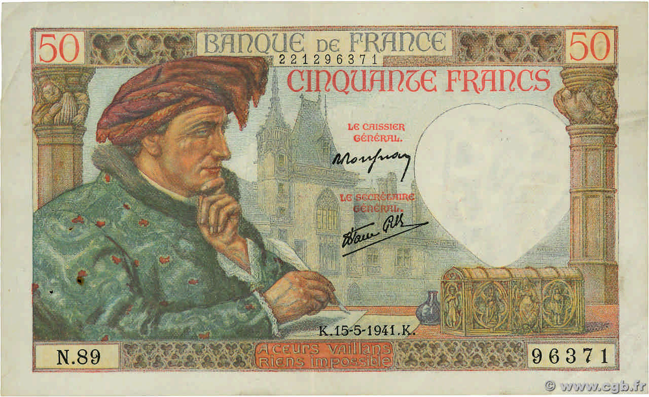 50 Francs JACQUES CŒUR FRANCE  1941 F.19.11 VF+