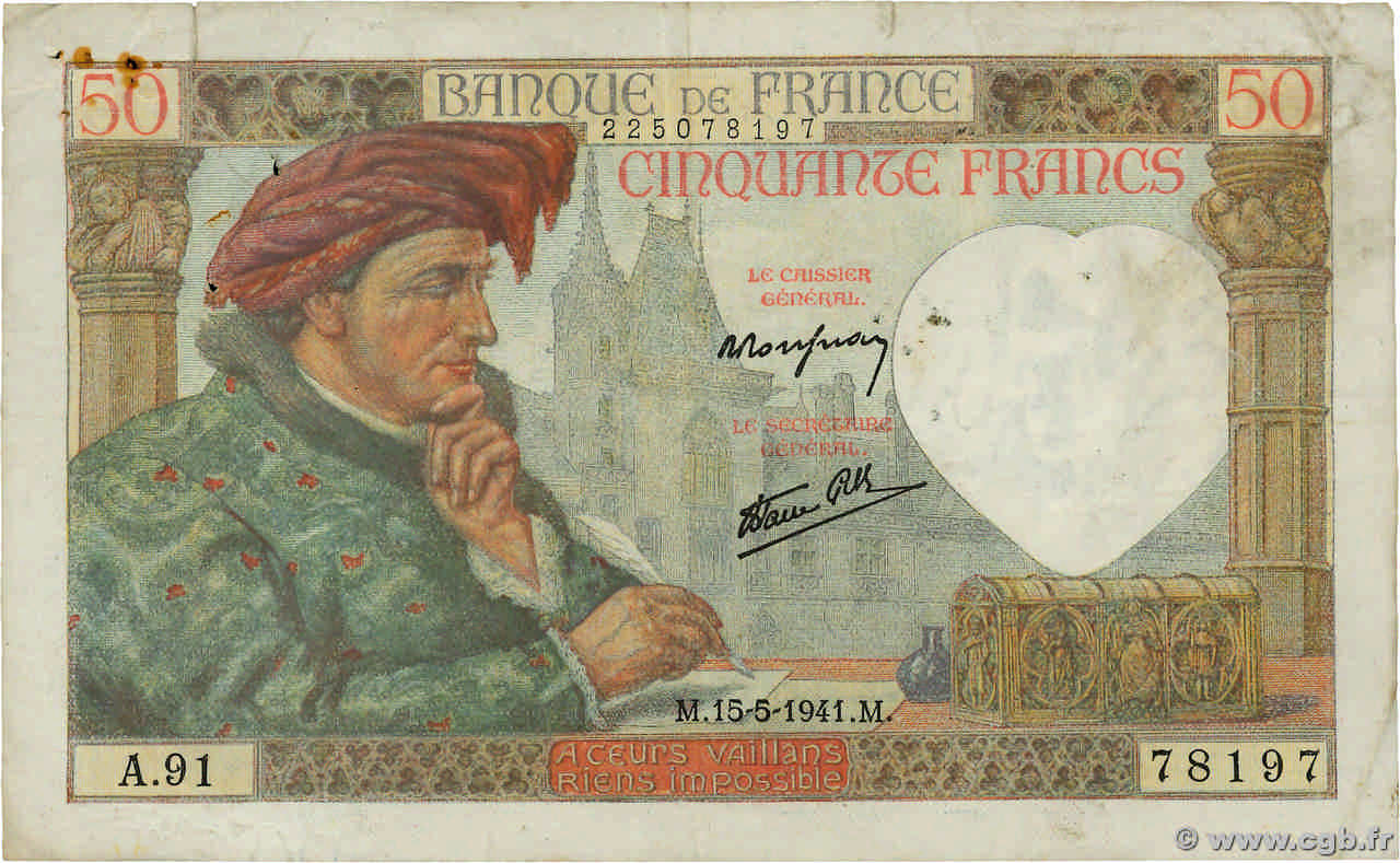 50 Francs JACQUES CŒUR FRANCE  1941 F.19.11 F+