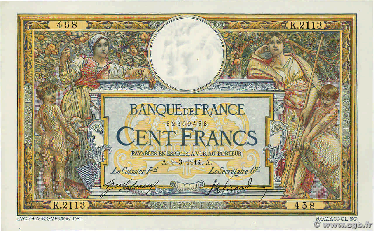 100 Francs LUC OLIVIER MERSON sans LOM FRANCE  1914 F.23.06 SUP