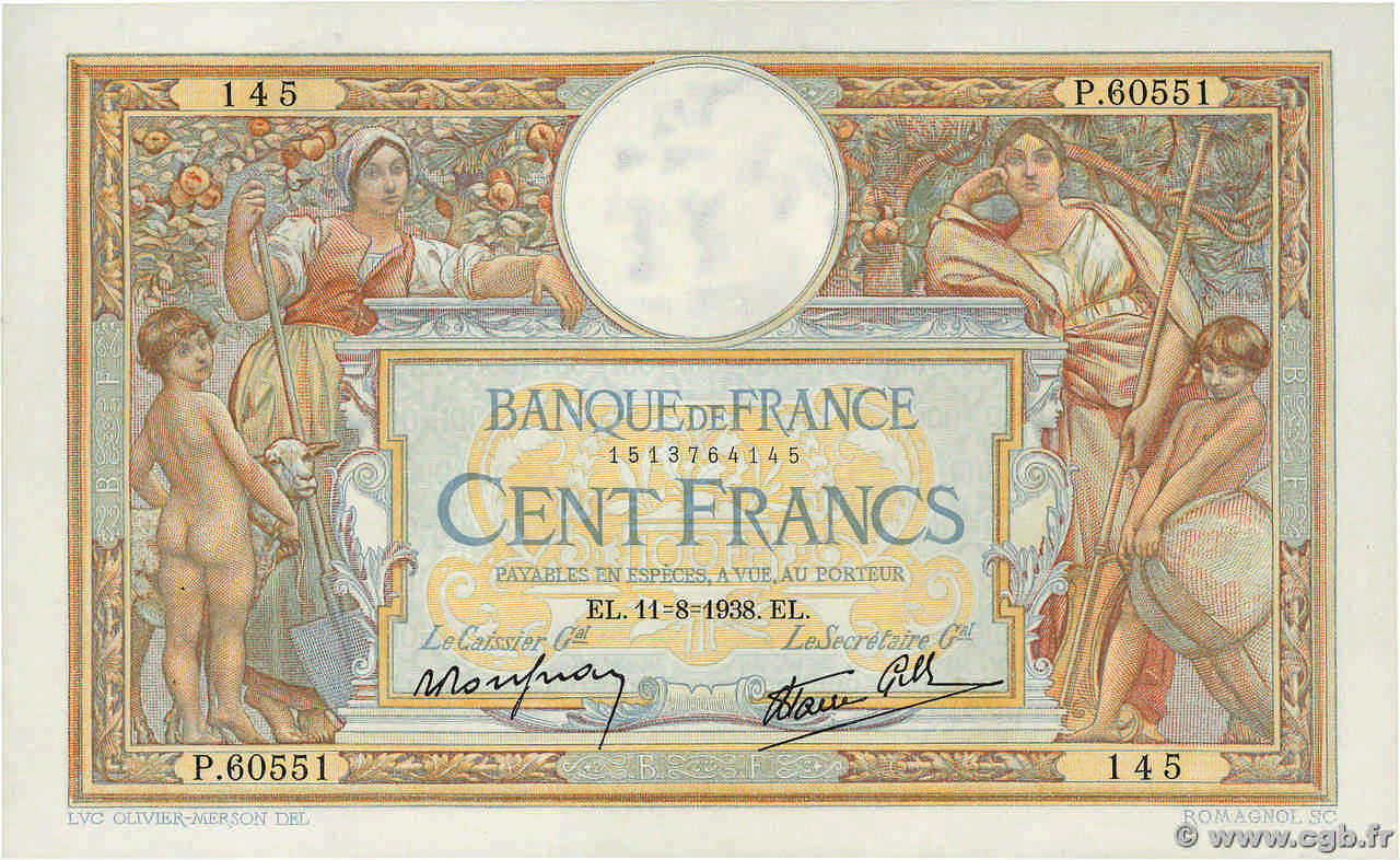 100 Francs LUC OLIVIER MERSON type modifié FRANCE  1938 F.25.28 AU-
