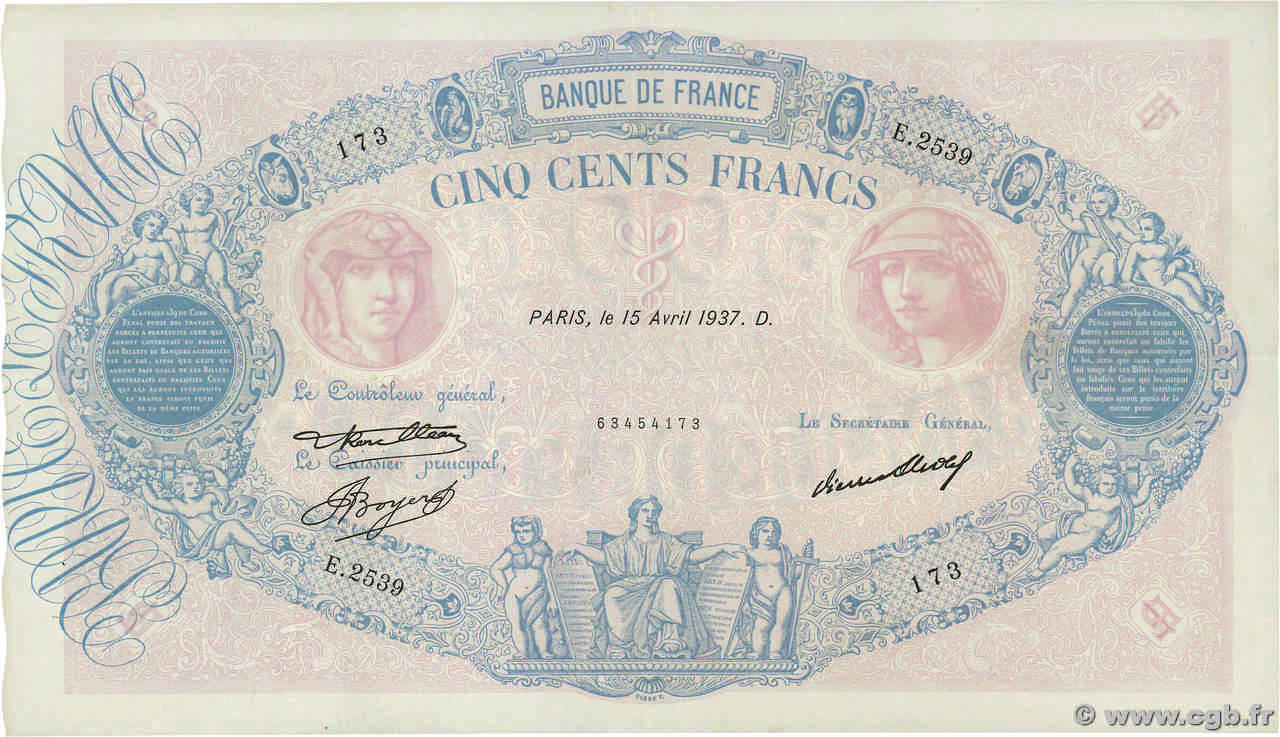 500 Francs BLEU ET ROSE FRANCE  1937 F.30.38 XF