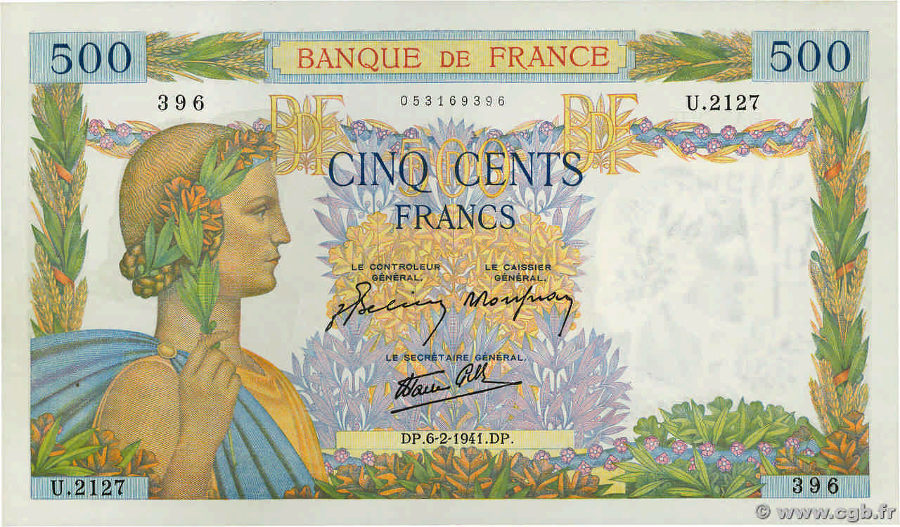 500 Francs LA PAIX FRANCIA  1941 F.32.14 q.FDC