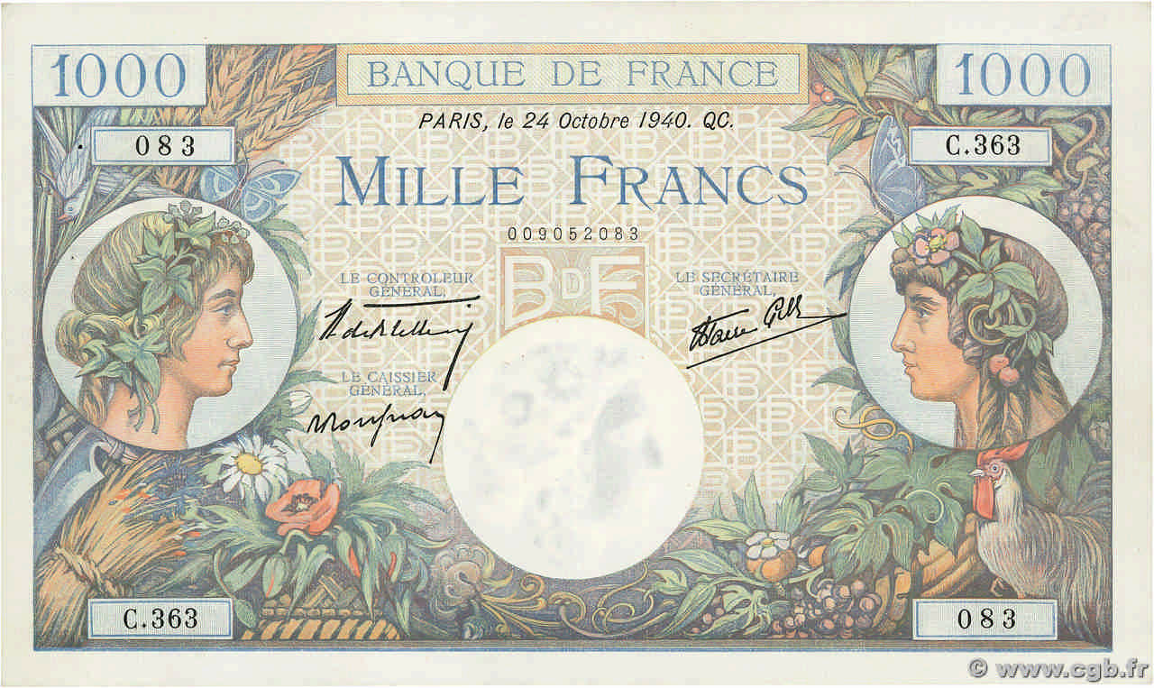 1000 Francs COMMERCE ET INDUSTRIE FRANCE  1940 F.39.01 XF