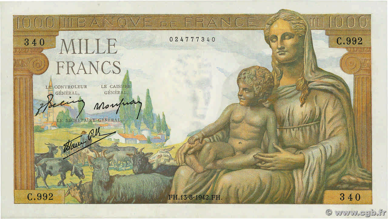1000 Francs DÉESSE DÉMÉTER FRANKREICH  1942 F.40.04 fST+