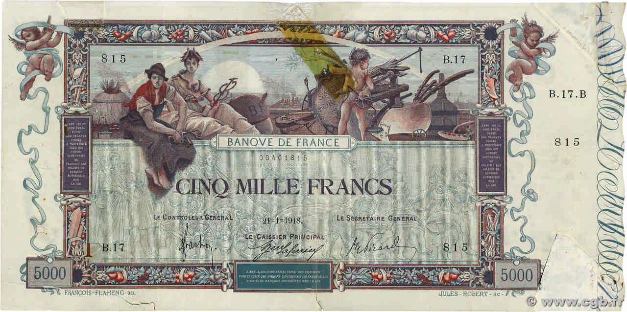 5000 Francs FLAMENG FRANCE  1918 F.43.01 G