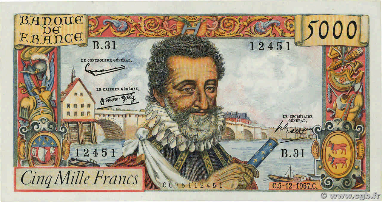 5000 Francs HENRI IV FRANCIA  1957 F.49.04 EBC