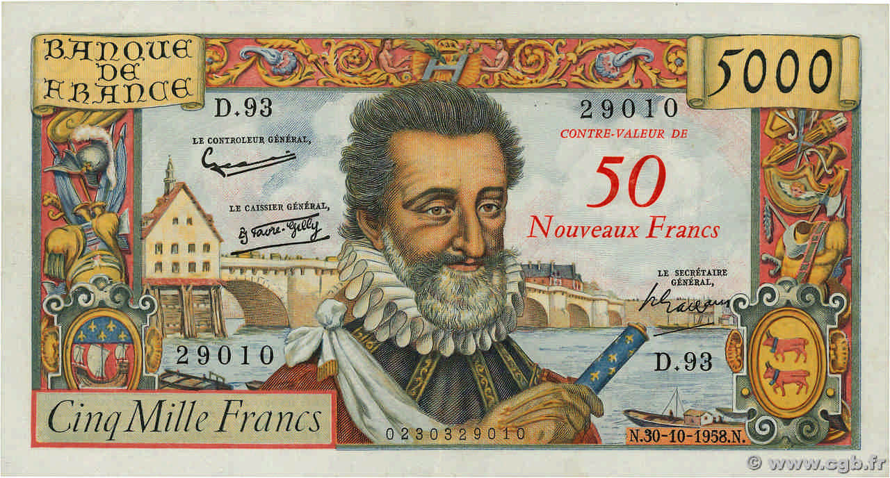 50 NF sur 5000 Francs HENRI IV FRANKREICH  1958 F.54.01 fVZ