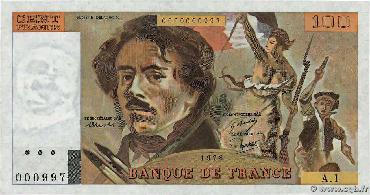 100 Francs DELACROIX Petit numéro FRANCE  1978 F.68.01A1 SPL+