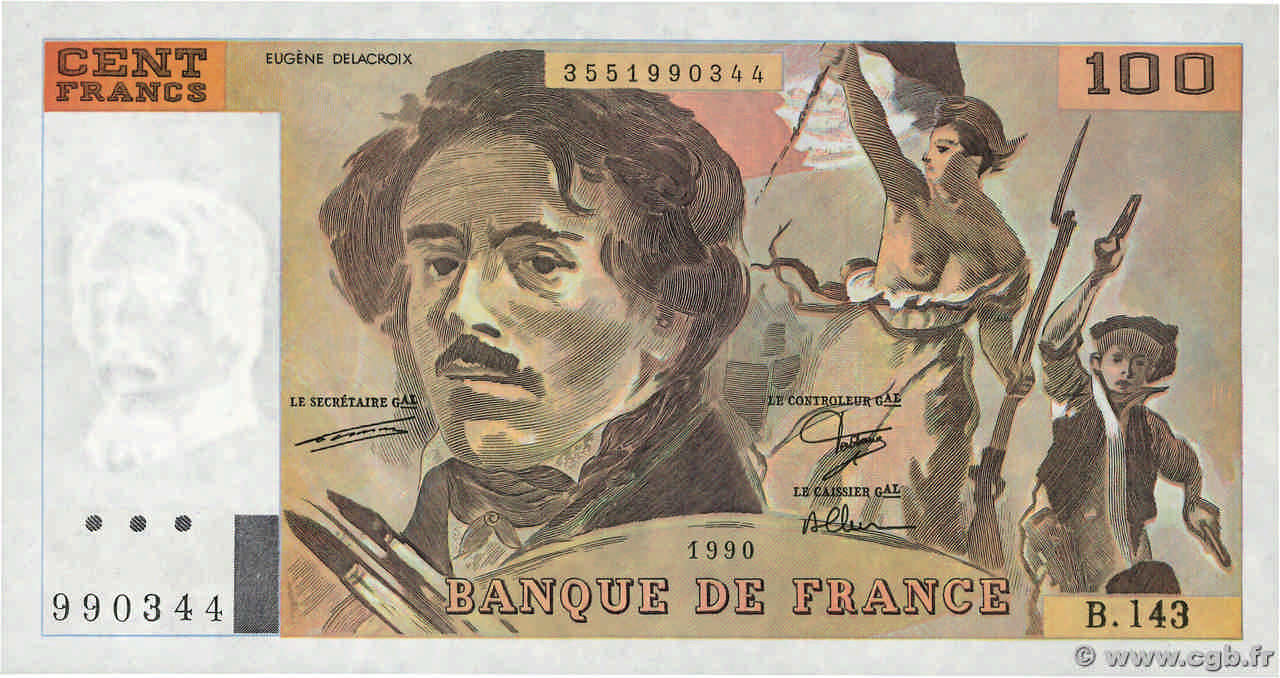 100 Francs DELACROIX imprimé en continu FRANCIA  1990 F.69bis.01bB AU+