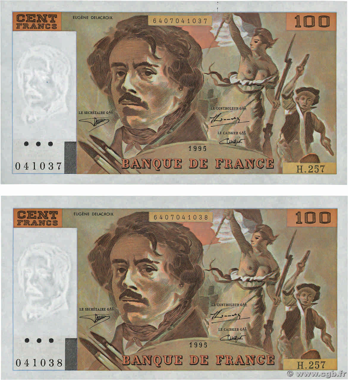 100 Francs DELACROIX 442-1 & 442-2 Consécutifs FRANCE  1995 F.69ter.02a NEUF
