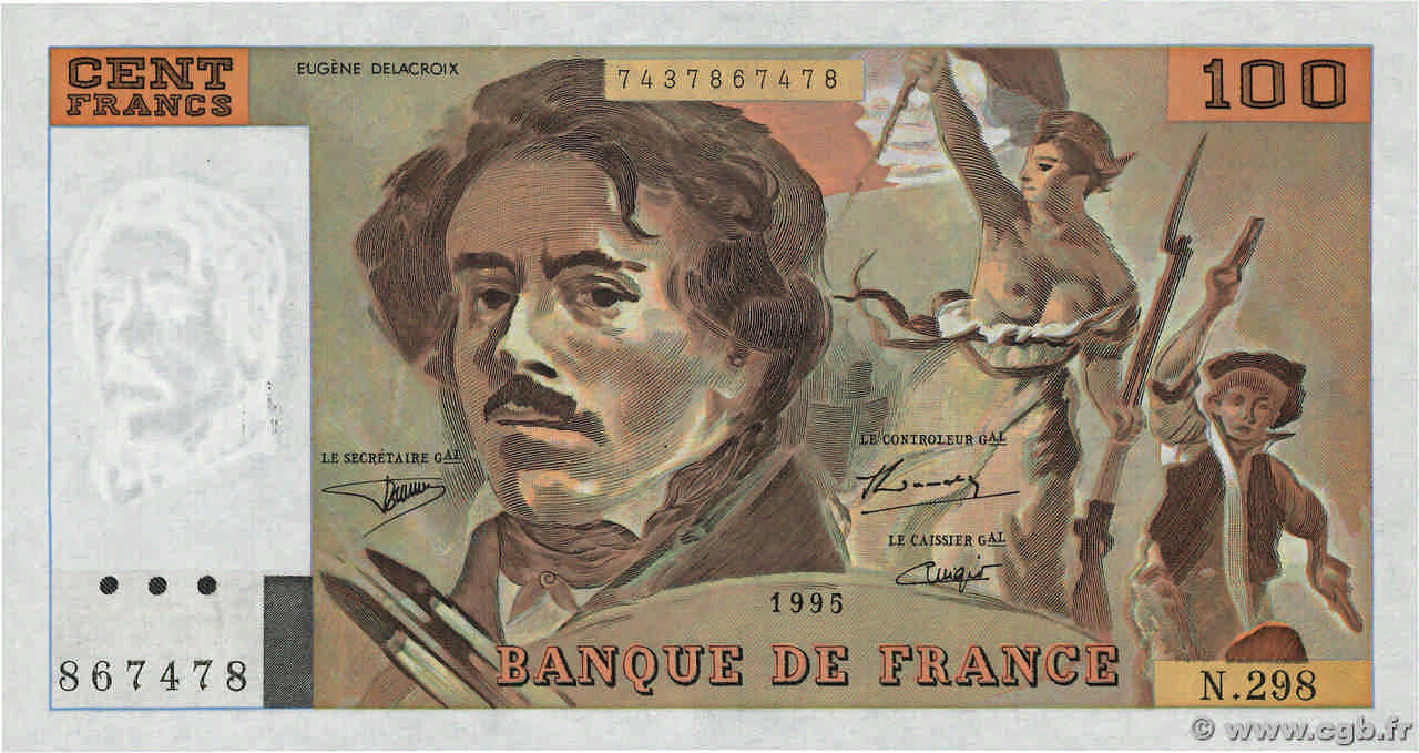 100 Francs DELACROIX 442-1 & 442-2 FRANCE  1995 F.69ter.02d UNC-