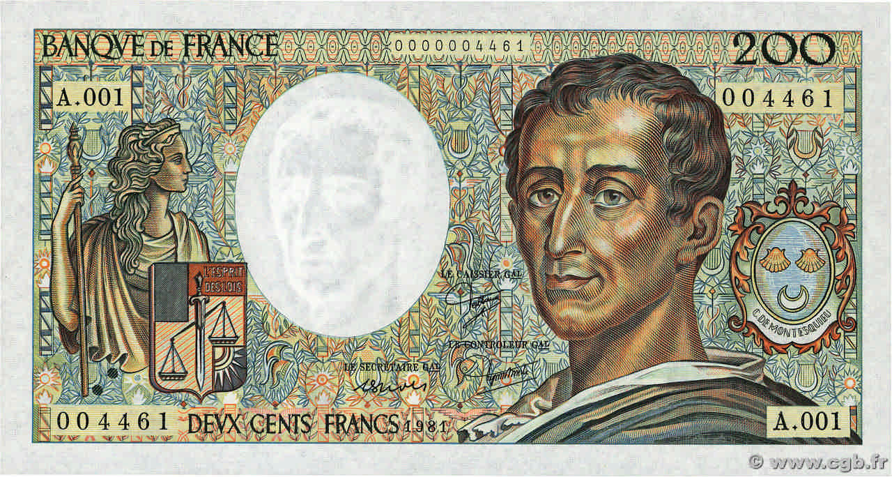 200 Francs MONTESQUIEU Petit numéro FRANCE  1981 F.70.01A1 SPL+