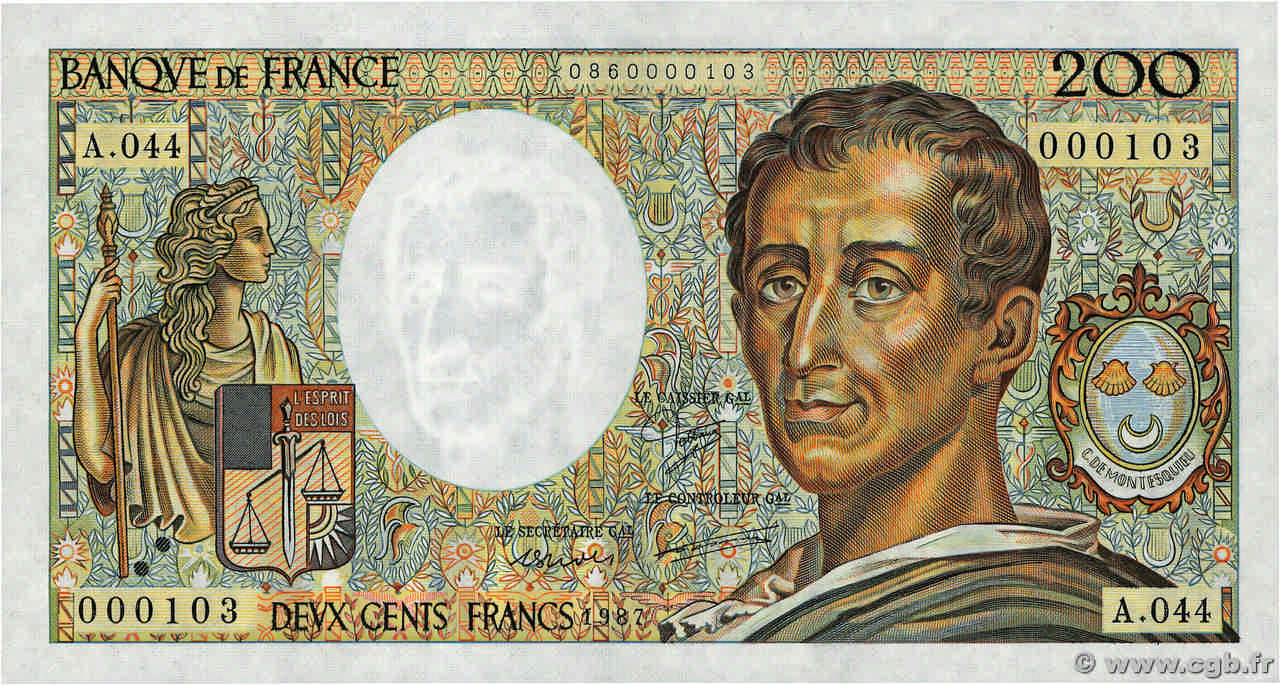 200 Francs MONTESQUIEU Petit numéro FRANCE  1987 F.70.07A44 UNC-