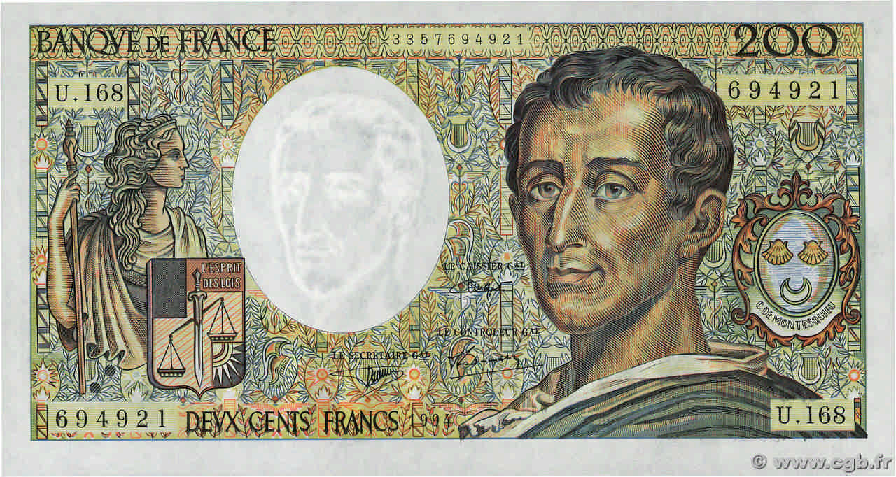 200 Francs MONTESQUIEU Modifié FRANKREICH  1994 F.70/2.02a fST+