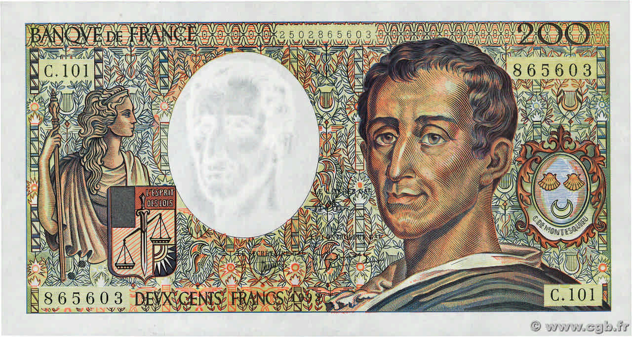 200 Francs MONTESQUIEU alphabet 101 FRANCIA  1992 F.70bis.01 AU