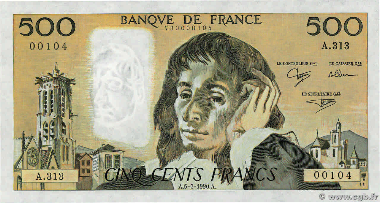 500 Francs PASCAL Petit numéro FRANKREICH  1990 F.71.44A313 fST+