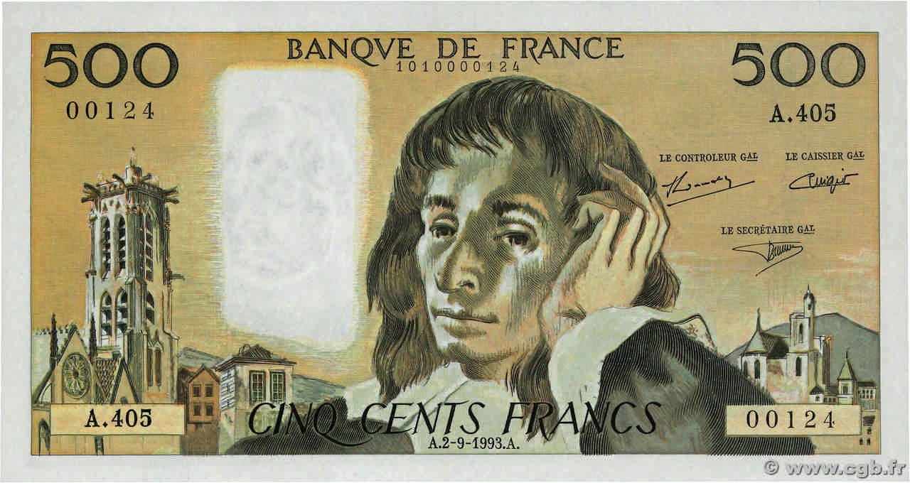 500 Francs PASCAL Petit numéro FRANCE  1993 F.71.52A405 NEUF