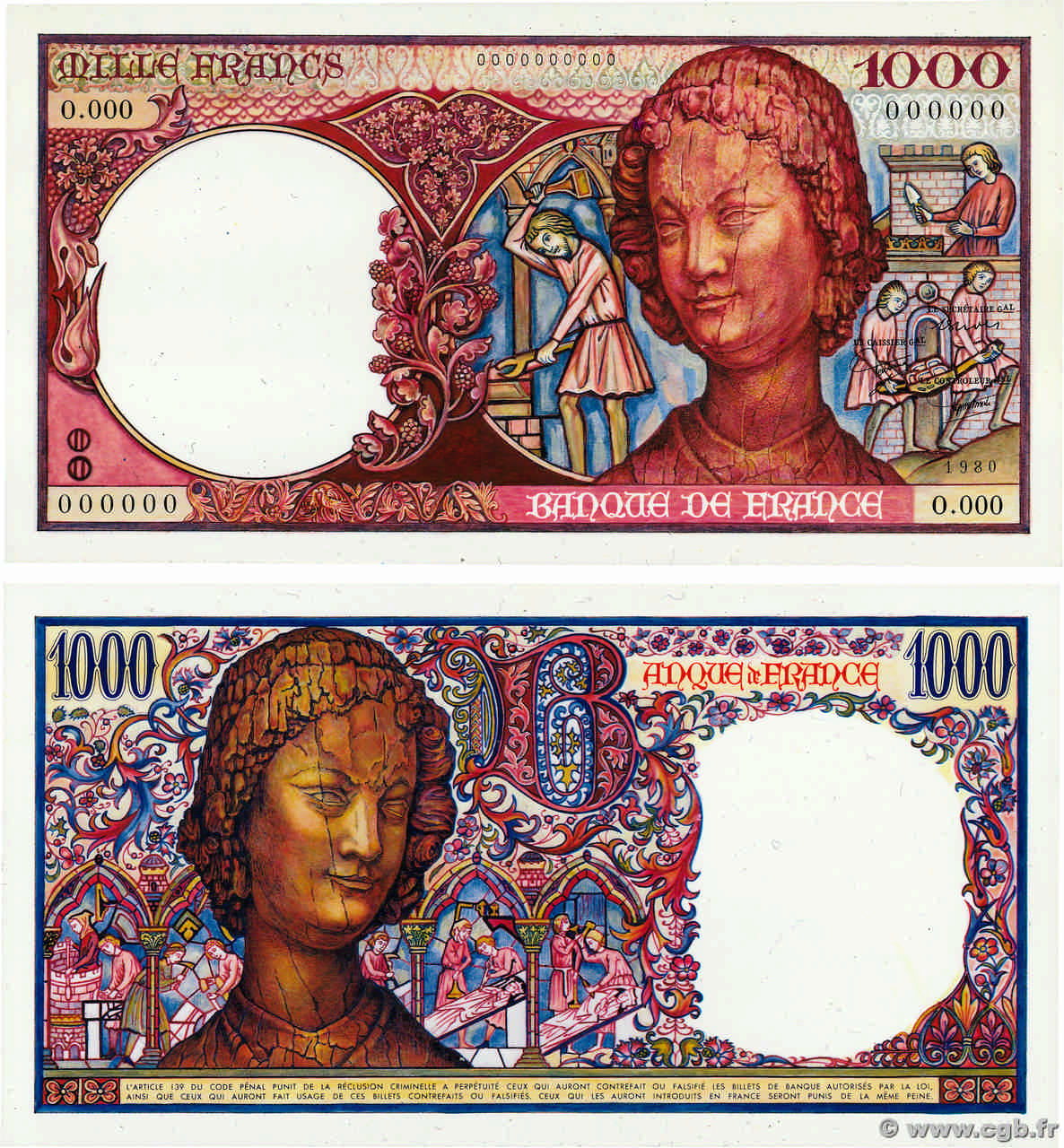 1000 Francs ART MÉDIÉVAL type 1983 Épreuve FRANCE  1980 NE.1983.00 NEUF