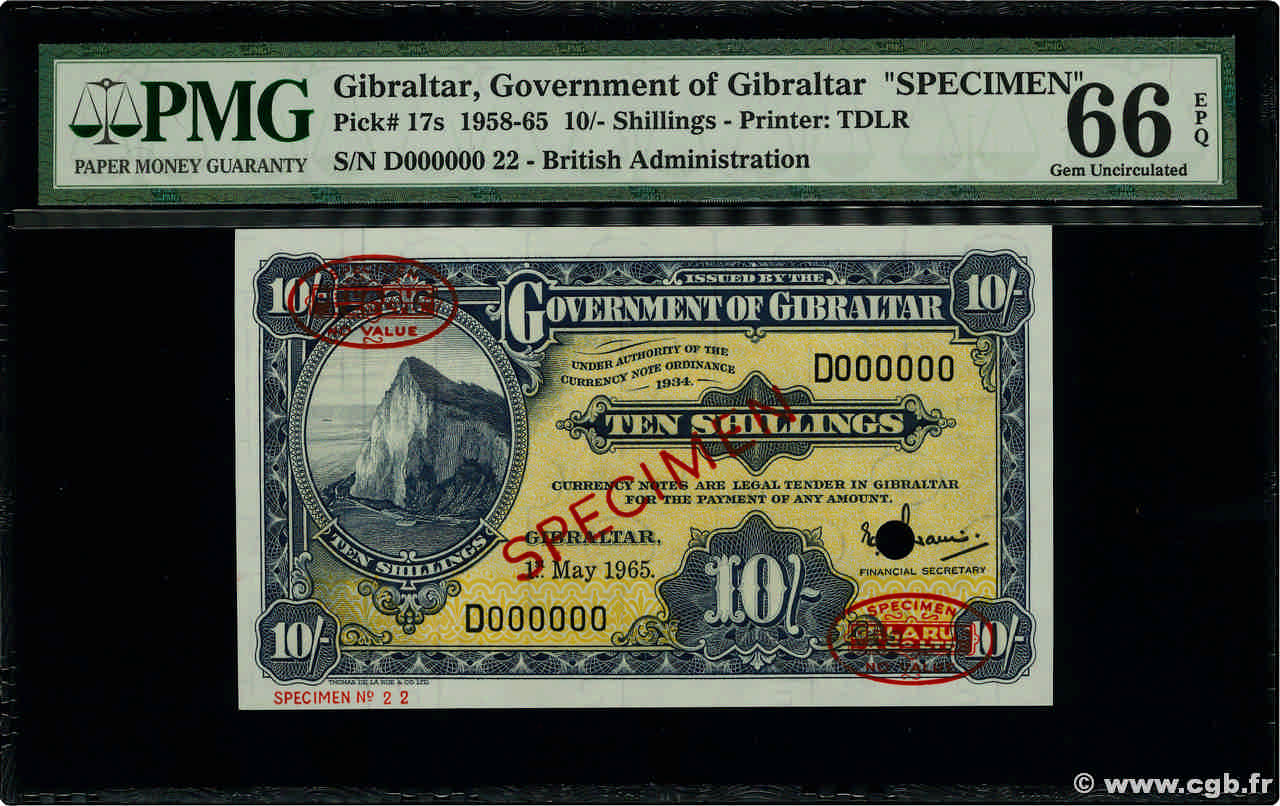 10 Shillings Spécimen GIBRALTAR  1965 P.17s ST