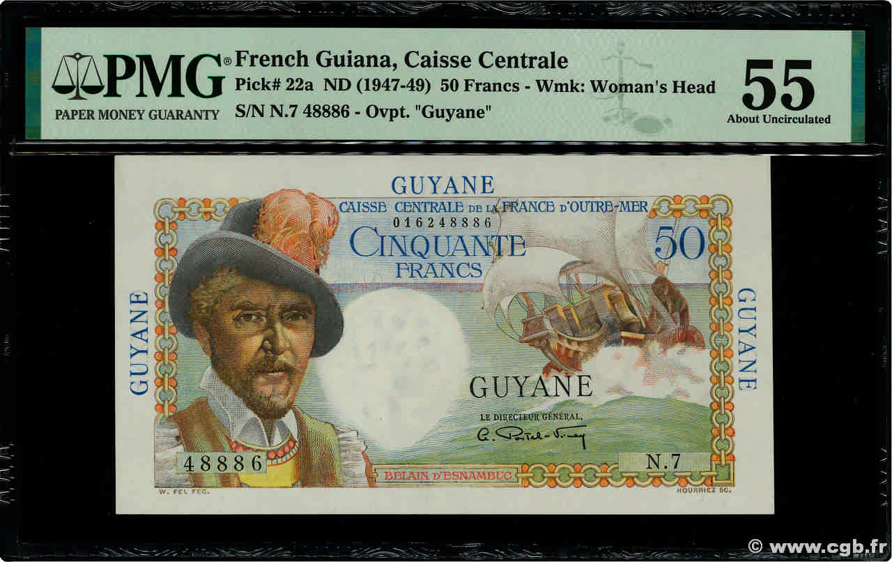 50 Francs Belain d Esnambuc FRENCH GUIANA  1946 P.22a AU