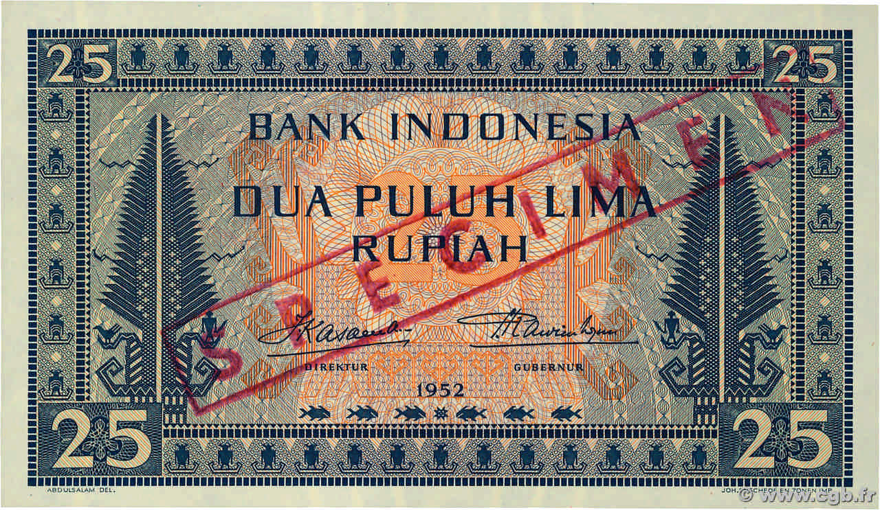 25 Rupiah Spécimen INDONESIA  1952 P.044as SC+