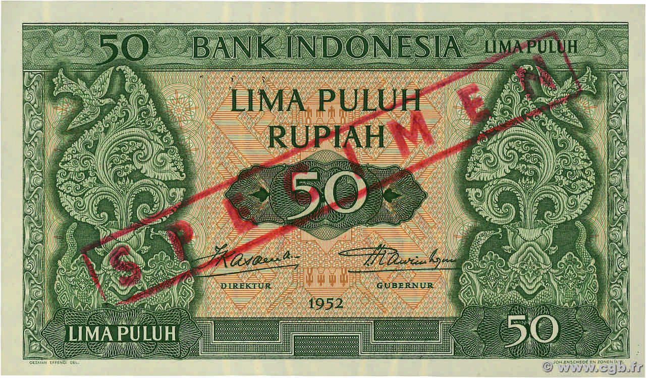 50 Rupiah Spécimen INDONÉSIE  1952 P.045s SPL+